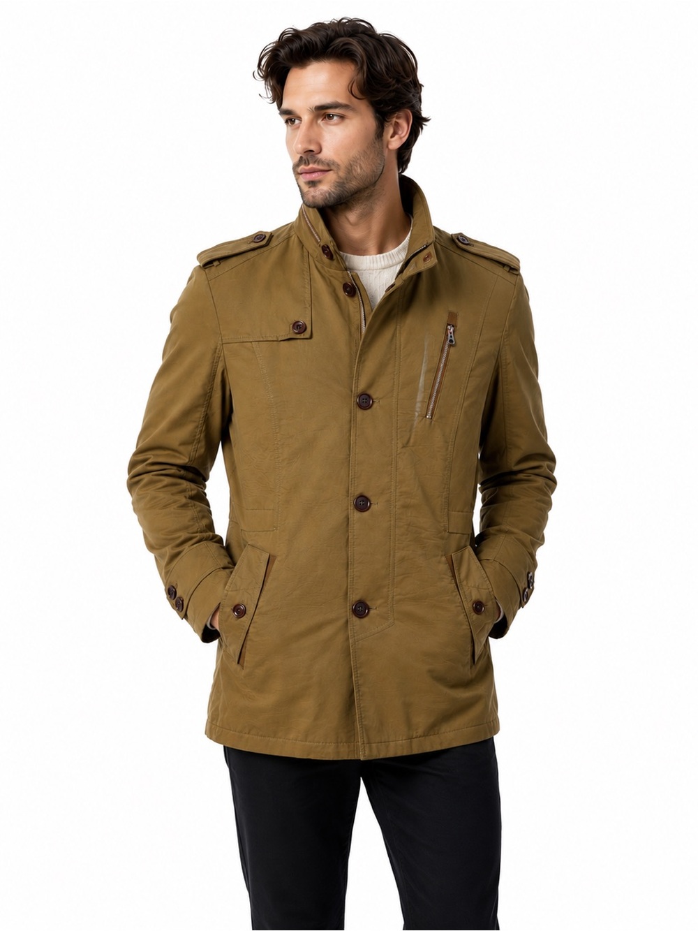 Vintage Men’s Khaki Trench Coat Jacket – Classic Casual Military Style Outerwear